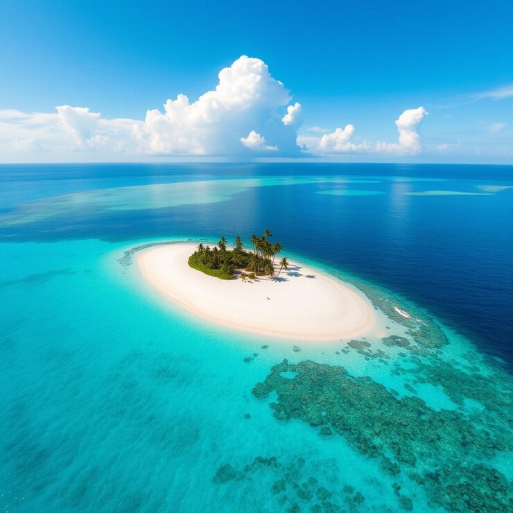Una isla paradisíaca tropical con aguas azules claras y palmeras