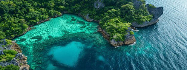 Una isla paradisíaca tropical con una laguna en forma de corazón