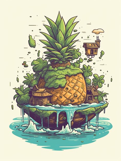 una isla de piña con una casa y una cascada generativa ai