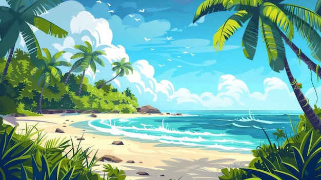 Una isla con una playa de arena en el verano Ilustración de dibujos animados modernos de un paisaje costero con palmeras lianas y hierba verde Las olas del océano bañan la costa y el cielo es azul