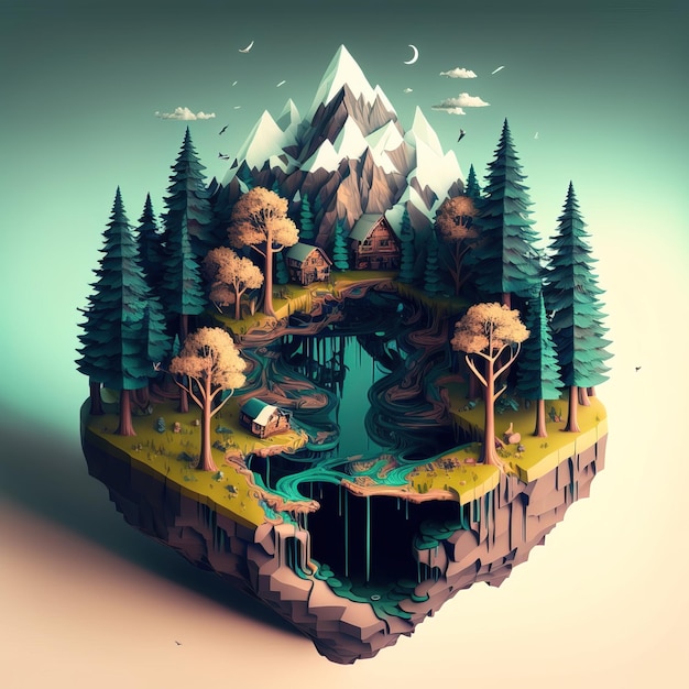 Una isla que flota en el aire en un mundo de juegos de forma simplificada y minimalista ai generativa