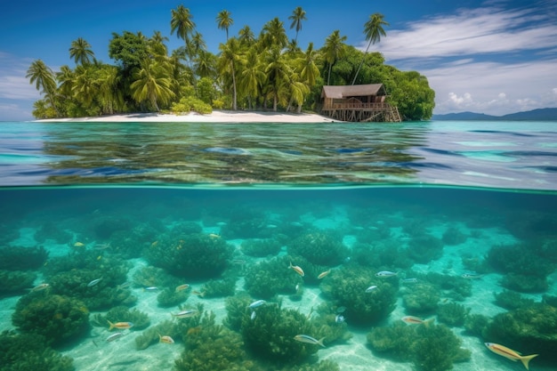 Isla remota con aguas cristalinas y peces tropicales creados con IA generativa