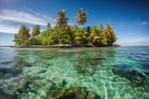 Isla remota con palmeras y aguas cristalinas creadas con IA generativa