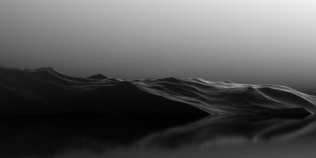 Isla rocosa y oscura con estética stoner en el horizonte de un fondo de pantalla de lago y agua renderizado en 3D