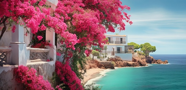 Isla de Santorini Grecia Balcón con flores rosadas