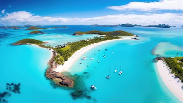 una isla tropical con algunos barcos en el agua