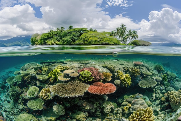 Isla tropical y arrecife de coral Vista dividida con la línea de flotación