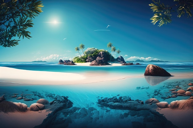 Isla tropical azul en el fondo del océano Ilustración AI generativo