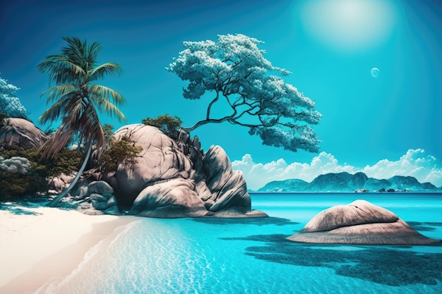 Isla tropical azul en el fondo del océano Ilustración AI generativo