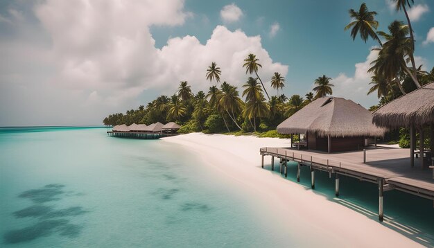 una isla tropical con una cabaña de playa en el agua