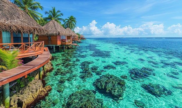 una isla tropical con una cabaña de playa y palmeras en el agua