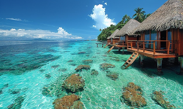 una isla tropical con una casa en el agua y una cabaña en la playa