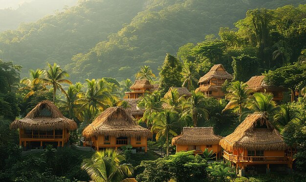 una isla tropical con casas en el medio de la selva