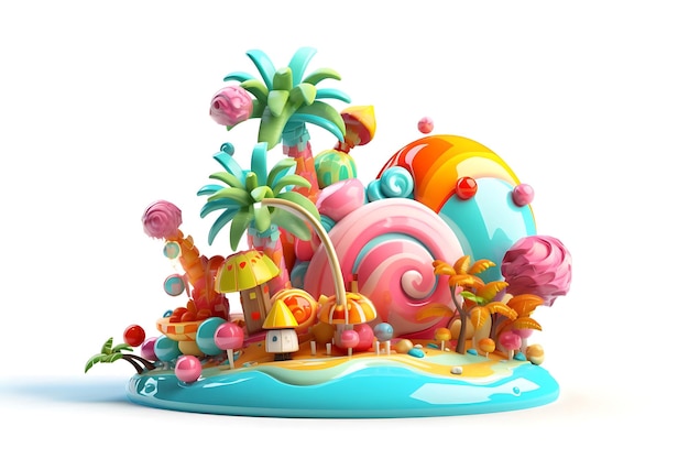 isla tropical de dibujos animados con palmera y algunos dulces
