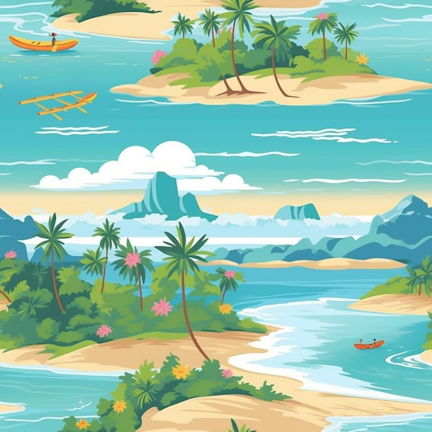 Una isla tropical de dibujos animados con palmeras y barcos generativos ai