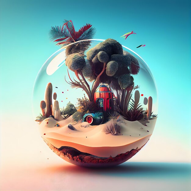 Isla tropical en una esfera de cristal ilustración 3D