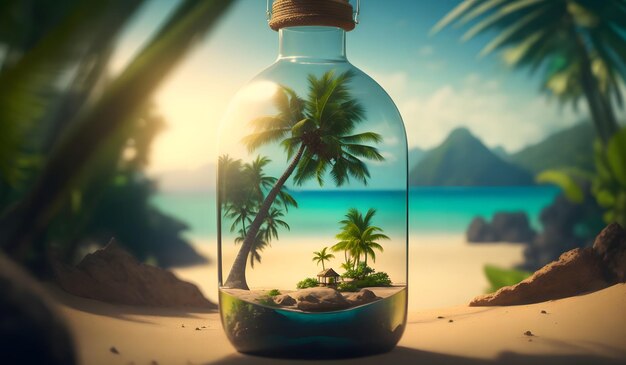 Isla tropical de fantasía en el fondo de la botella IA generativa