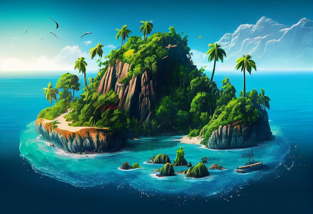 Isla tropical en la ilustración del mar