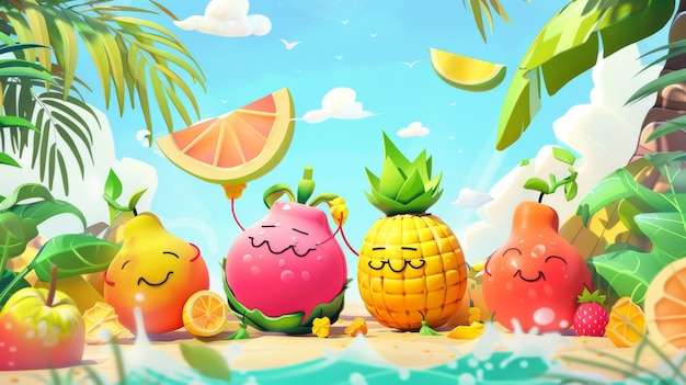 Foto una isla tropical llena de frutas de dibujos animados divirtiéndose y relajándose
