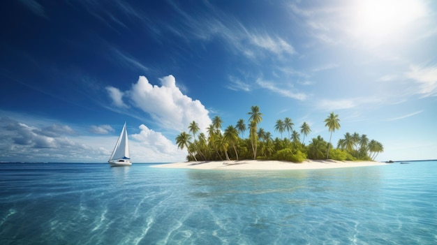 Isla tropical en el océano con palmeras y agua clara creada con tecnología de IA generativa