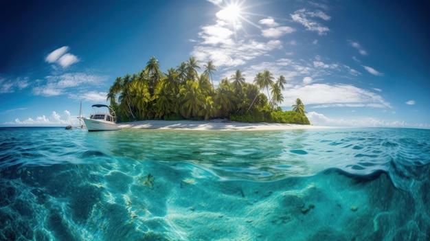 Isla tropical en el océano con palmeras y agua clara Creado con tecnología de IA generativa