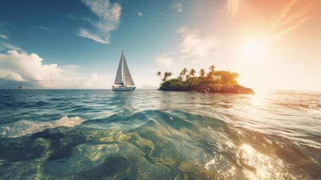 Isla tropical en el océano con palmeras y agua clara Creado con tecnología de IA generativa