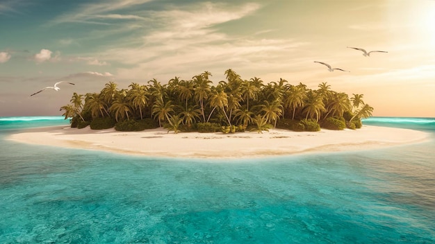 una isla tropical con un pájaro volando sobre ella