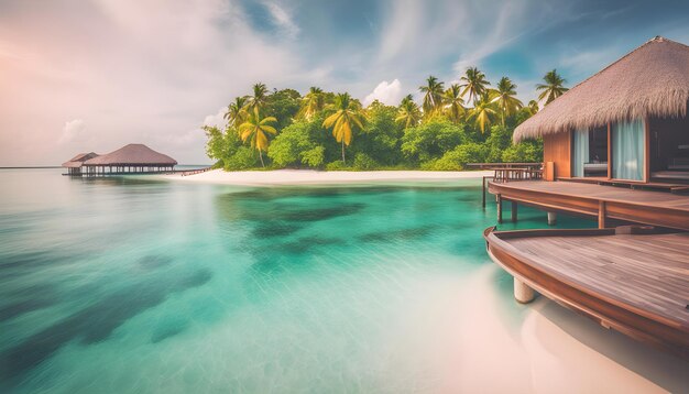 una isla tropical con una palmera y una casa en la playa