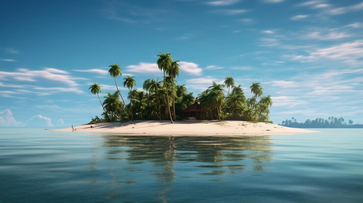 Foto isla tropical con palmeras y bungalows 3d render
