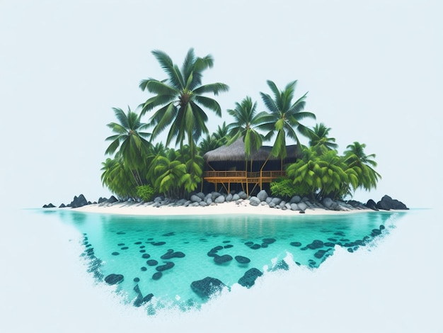 Isla tropical con palmeras y bungalows ilustración 3d