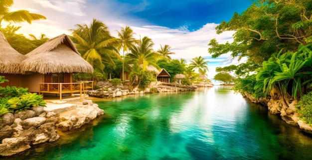 Una isla tropical con palmeras y una cabaña en la playa.