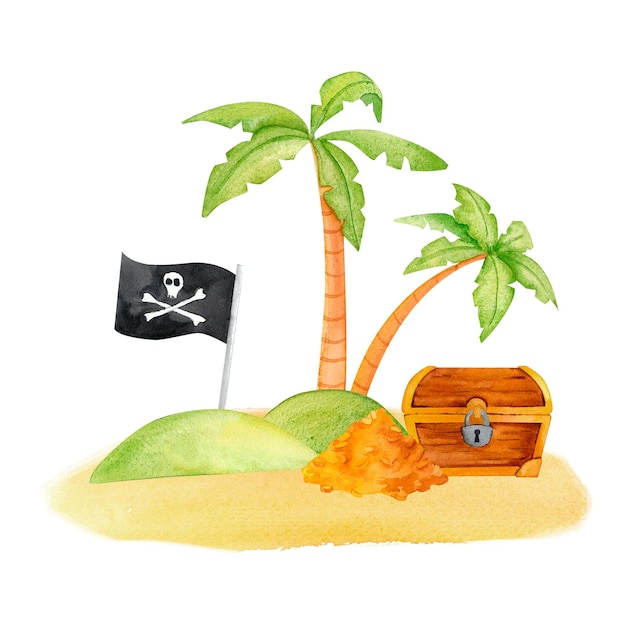 Una isla tropical con palmeras un cofre del tesoro y pilas de tesoros todo acompañado por la bandera Jolly Roger ondeando en la brisa Ilustración de acuarela pirata