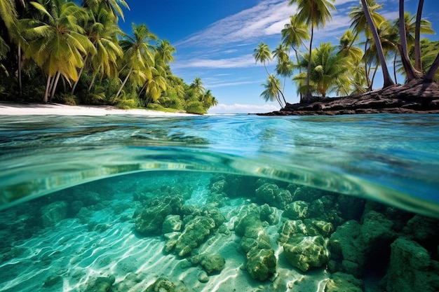 Una isla tropical con palmeras y corales.