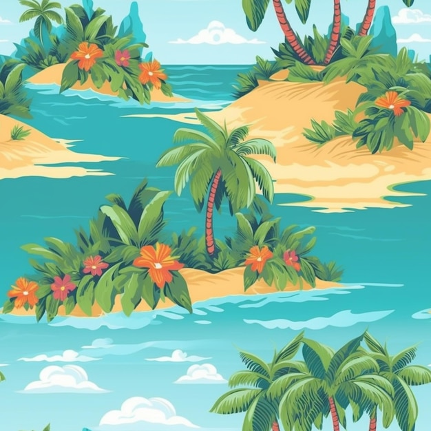 isla tropical con palmeras y flores en un fondo de cielo azul generativo ai