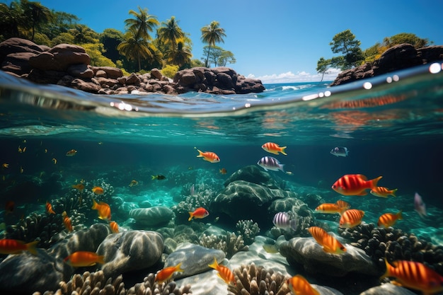 Isla tropical con palmeras en medio de un océano y vida submarina con peces de colores Vista dividida con línea de flotación