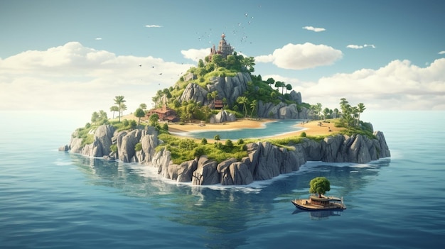 Isla tropical con palmeras en el océano 3d render generativo ai