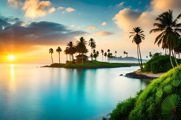 Una isla tropical con palmeras en la orilla