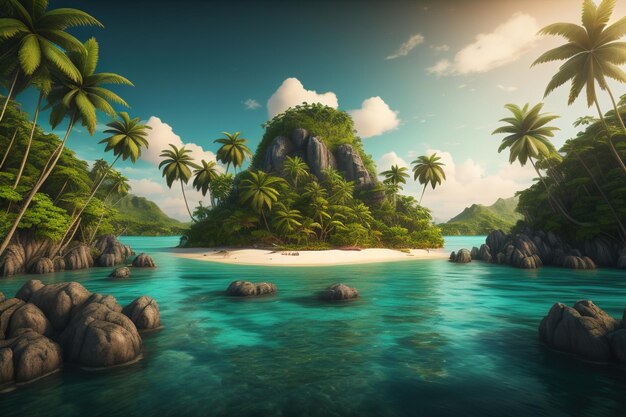 Isla tropical con palmeras y playa de arena