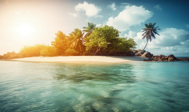 Una isla tropical con palmeras y una playa con una puesta de sol en el fondo IA generativa
