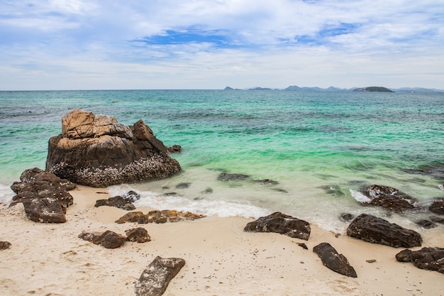 Isla tropical con playa rocosa