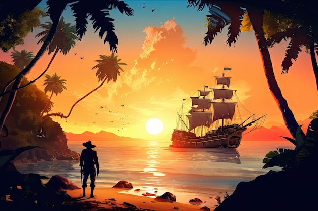 Isla tropical con vista al atardecer y un pirata parado en la costa