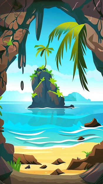 Isla tropical vista desde una cueva oscura Caricatura vectorial