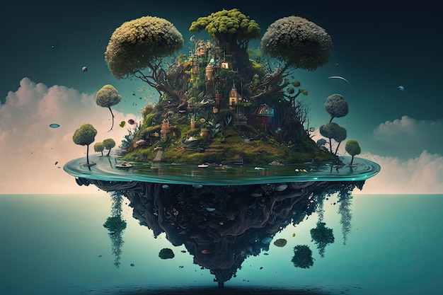 Una isla de vida flotante surrealista con un jardín de plantas y árboles florecientes