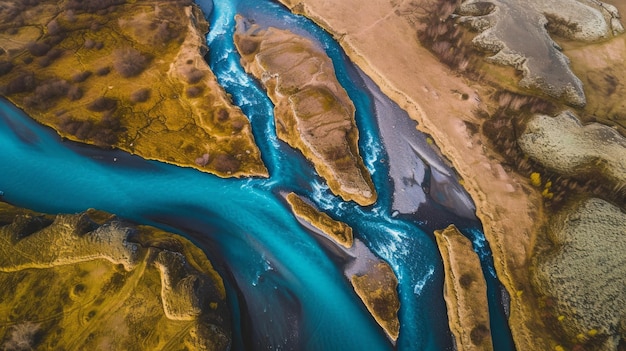 Isländische Landschaft mit Fluss aus der Perspektive von Drohnen Generative KI
