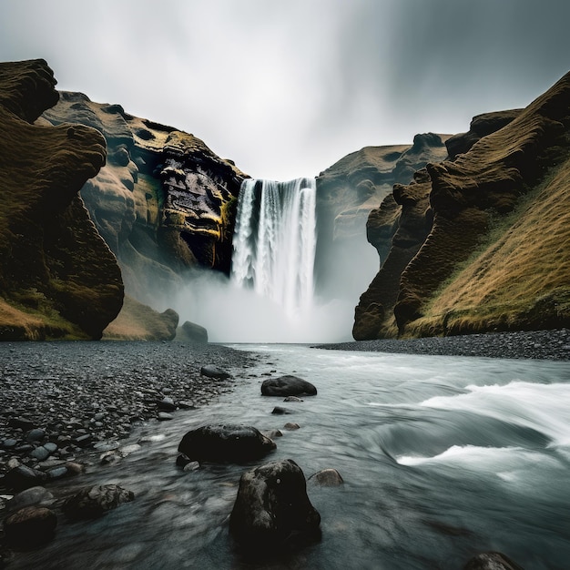 Isländischer Wasserfall Skogafoss in isländischer Naturlandschaft Generative KI