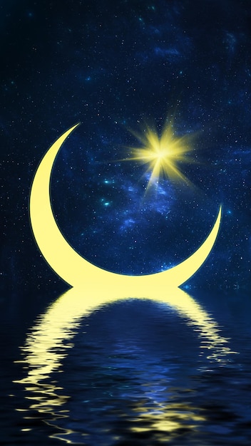 Islam halbmondförmiger Stern am Nachthimmel, Ramadan. Mond und Lichtstern spiegelten sich im Wasser des Meeres wider. Muslimischer religiöser Feiertag Mubarak. Die Mondsichel ist ein Symbol für Gott Allah