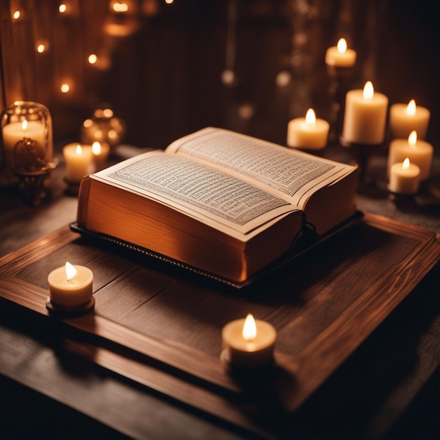 Islam libro sagrado de los musulmanes el Corán se coloca en un soporte de madera velas de luz