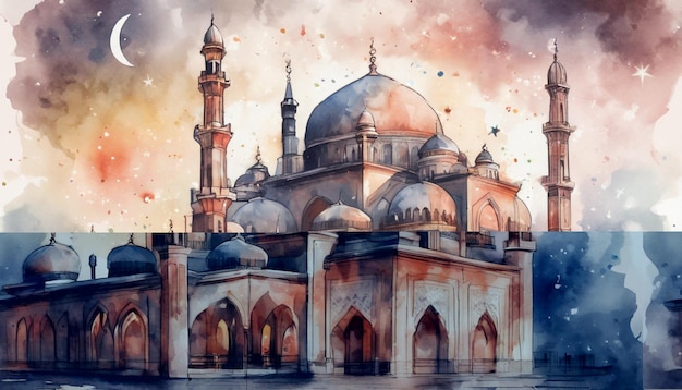 Islâmico adequado para eid fitr adha muharram ramadan saudações aquarela estilo 1