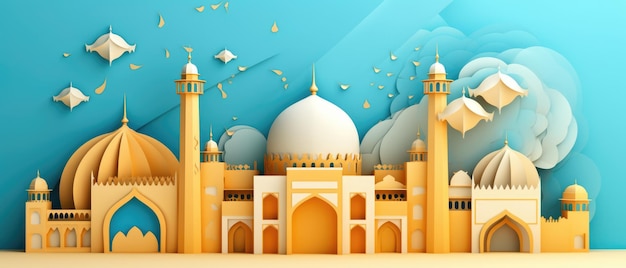 Islâmico Eid Mubarak fundo Ramadan Kareem mesquita lua lanterna Estilo de arte de papel Ai gerado