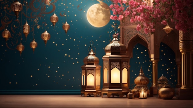 Islamische Dekoration Hintergrund Luxus-Stil Laterne und Halbmond Ramadan Kareem 3D-Illustration